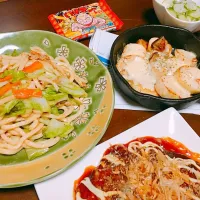 #焼うどん
#お好み焼き
#きゅうりの酢の物
#長芋チーズ|saaan11さん