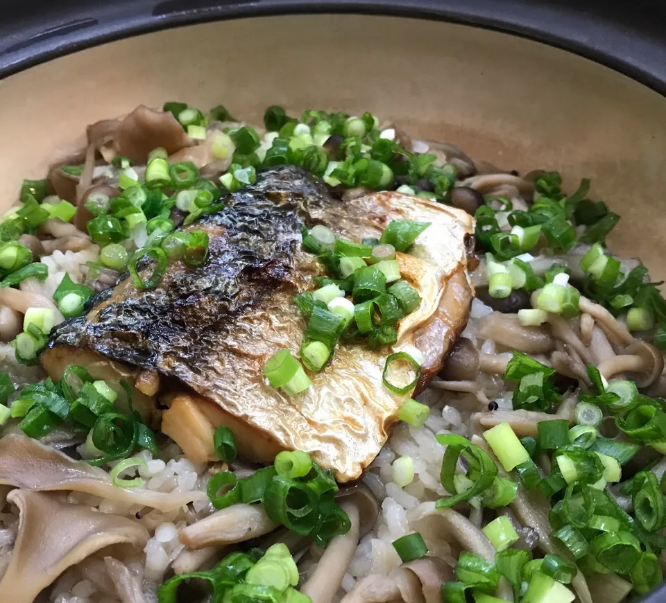 Snapdishの料理写真:焼き鯖とキノコの土鍋炊き込みご飯|koji toyodaさん