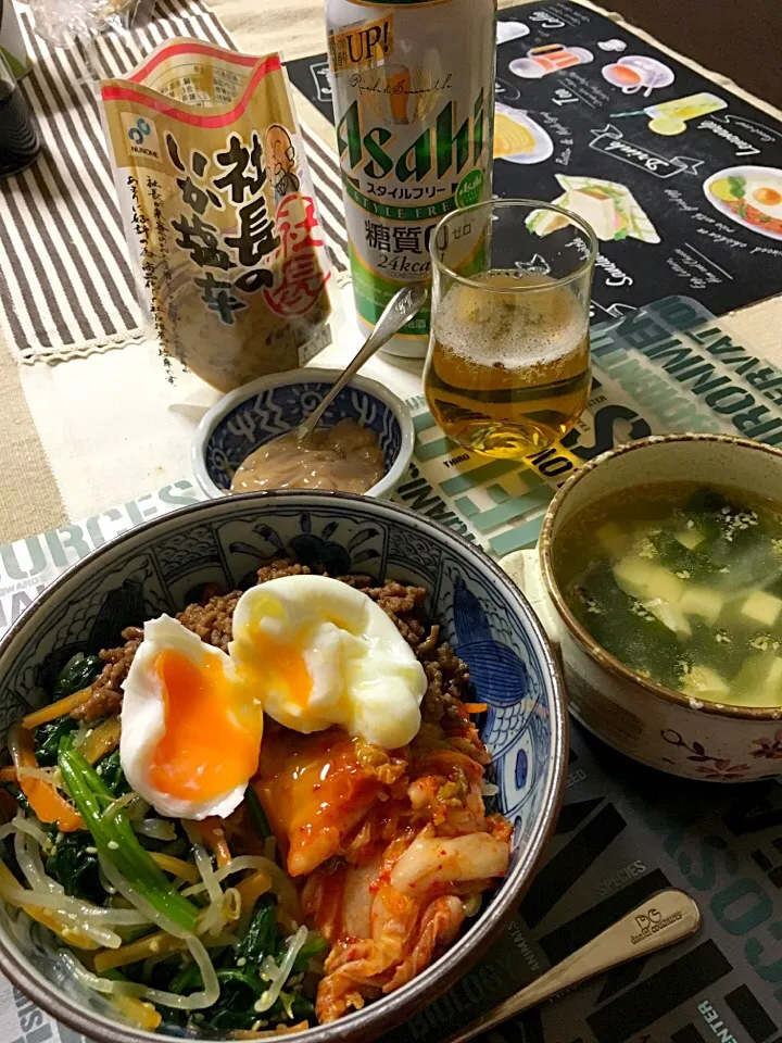 ビビンバ丼、中華ワカメスープ、社長のイカの塩辛(*^ω^*)|ライムさん