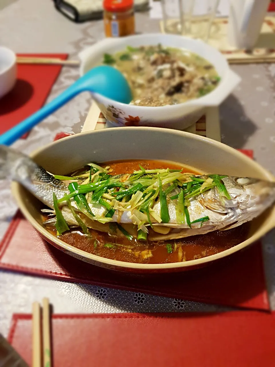 Steamed sea bass with spring onions and ginger.  Steamed fish sauce.|Wing Yung Chanさん