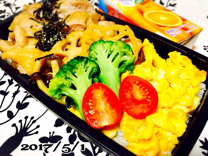 Snapdishの料理写真:高3息子弁当( ´͈ ᗨ `͈ )◞♡⃛カンタン黒酢で照り焼きチキン丼|じゅんけさん