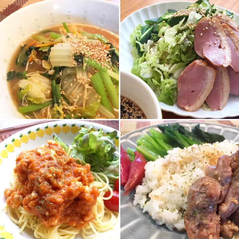 最近の古川家ランチ♡♡♡
＊モリモリ野菜のスタミナラーメン
＊鴨のせ♪♪ほぼ野菜の冷やし中華
＊鶏むね肉の自家製ミートソーススパゲッティ
＊生姜風味の炊き込みご飯ラム焼肉添え|料理研究一家「古川家」さん