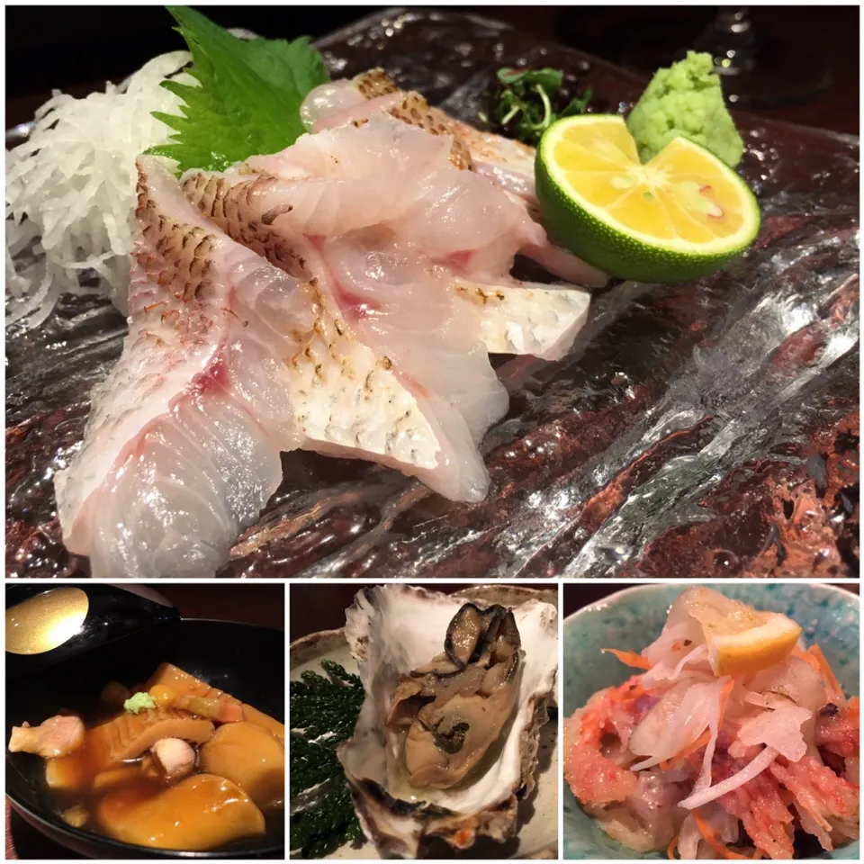 Snapdishの料理写真:のどぐろの炙り・治部煮・能登牡蠣のオイル漬け・甘海老南蛮 #石川祭り|七海さん