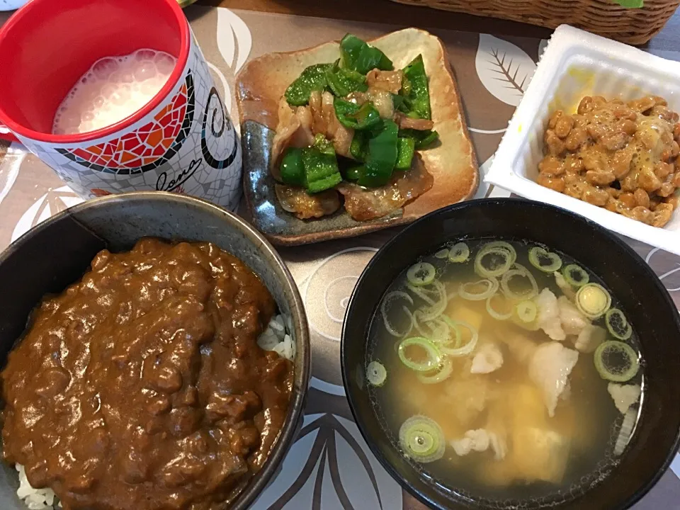 カレーの残り、豆腐の味噌汁、ピーマン豚肉炒め、なぜか納豆、そしてバナナジュース(๑˃̵ᴗ˂̵)|うーやんさん