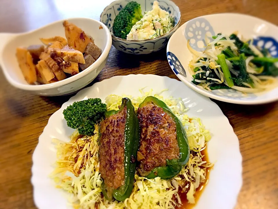 ぴー肉 タケノコ土佐煮 ポテサラ ほうれん草とモヤシ炒め|マチママさん