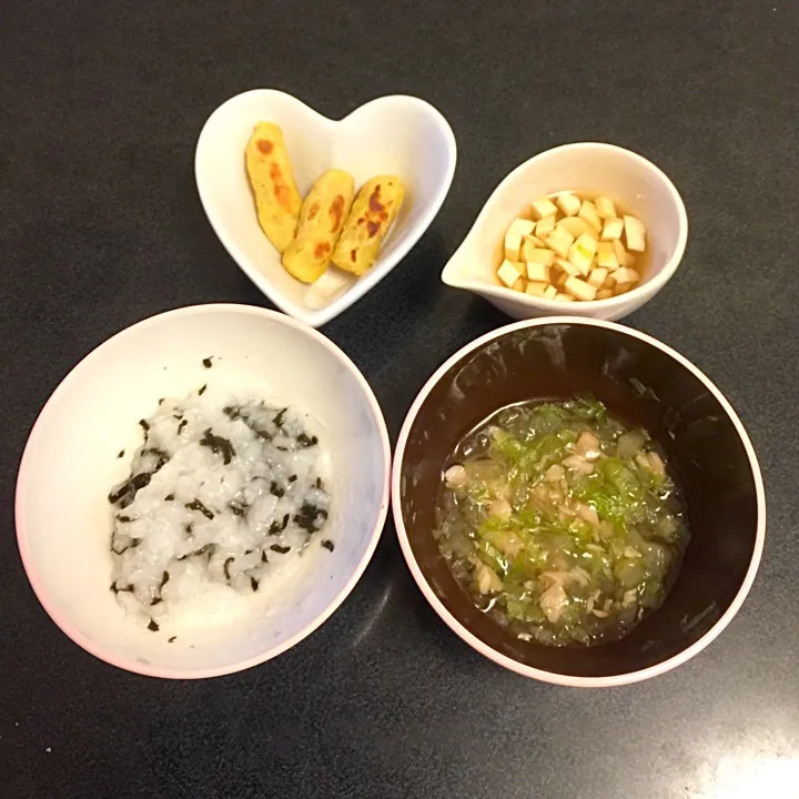 離乳食 夜
・海苔粥
・ぶりとレタスと大根の煮物
・豆腐のお味噌汁
・さつまいもきな粉のおやき|ぺろたんさん