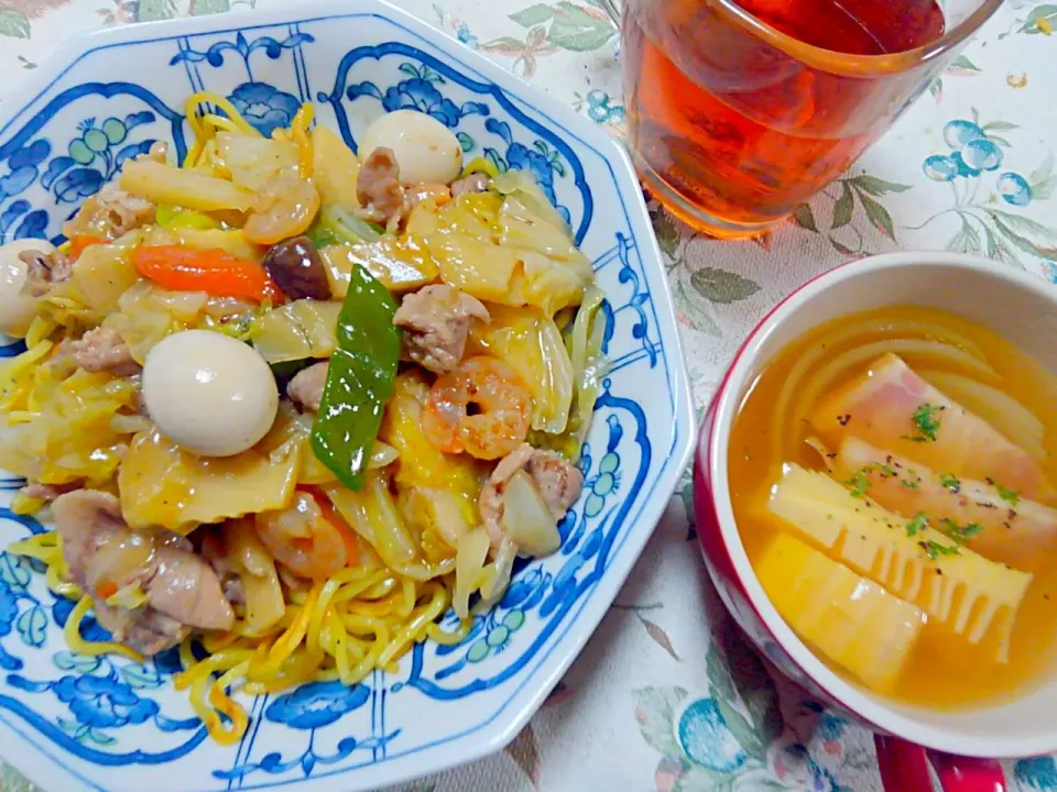 筍の消費に☆あんかけ焼きそば＆筍ベーコン玉ねぎのスープ|うたかた。さん