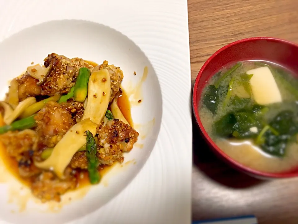 唐揚げ風野菜あんかけ&ほうれん草と豆腐のお味噌汁|♡あき♡さん