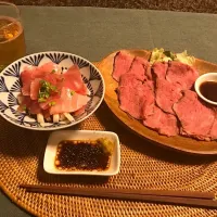 Snapdishの料理写真:ローストビーフとマグロ長芋|おじまささん