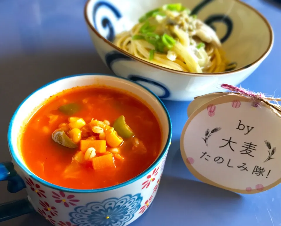 昼ごはん  もち麦入り簡単ミネストローネと蕗味噌クリームのパスタ|砂雪さん