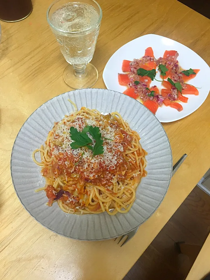 トマトとツナと春キャベツのスパゲッティ

サーモンのカルパッチョ|ひまわりさん