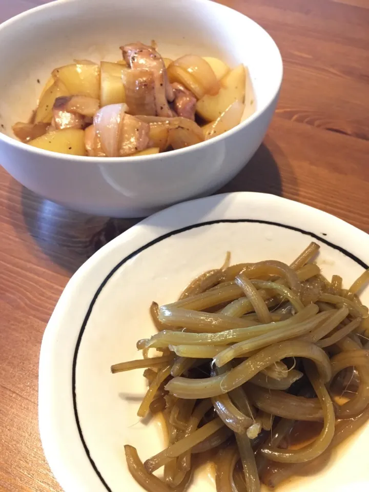 5/6の晩飯 新じゃがの甘辛煮とふきの煮物|yoneさん