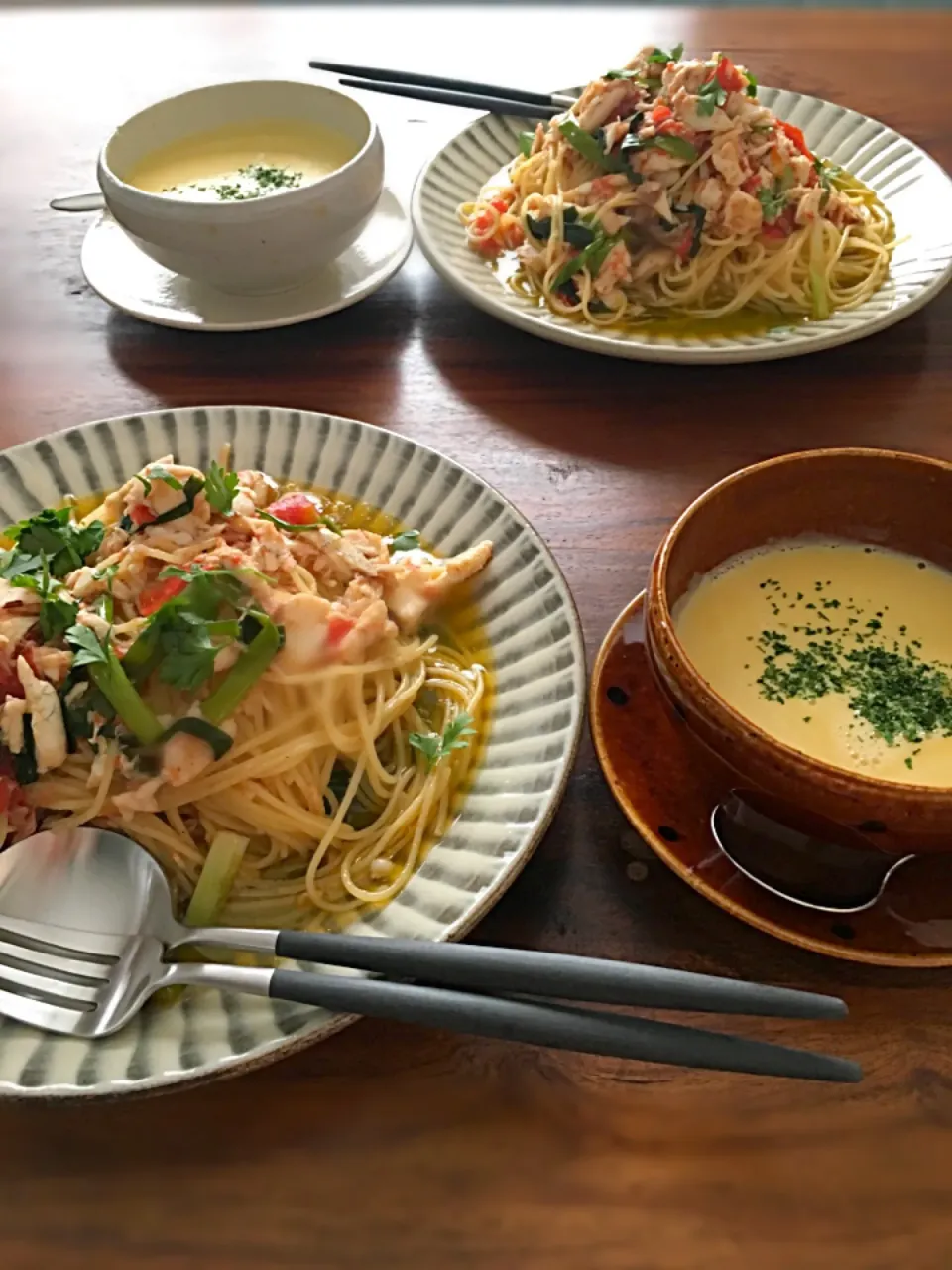 Snapdishの料理写真:アヒージョオイル真鯛塩焼きでパスタ🍝 コーンスープ|K N 3さん