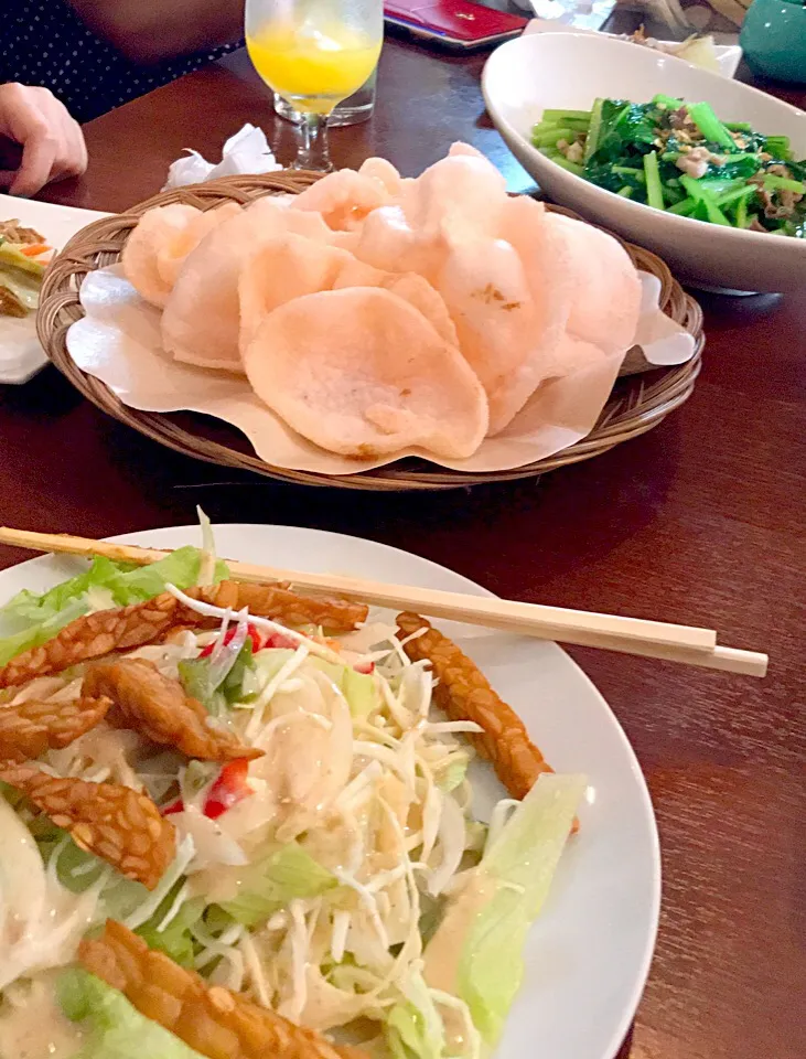 平塚 インドネシア料理店🇮🇩
チンタ ジャワ カフェ
前菜テンペサラダ えびせんべい 野菜炒|シュトママさん