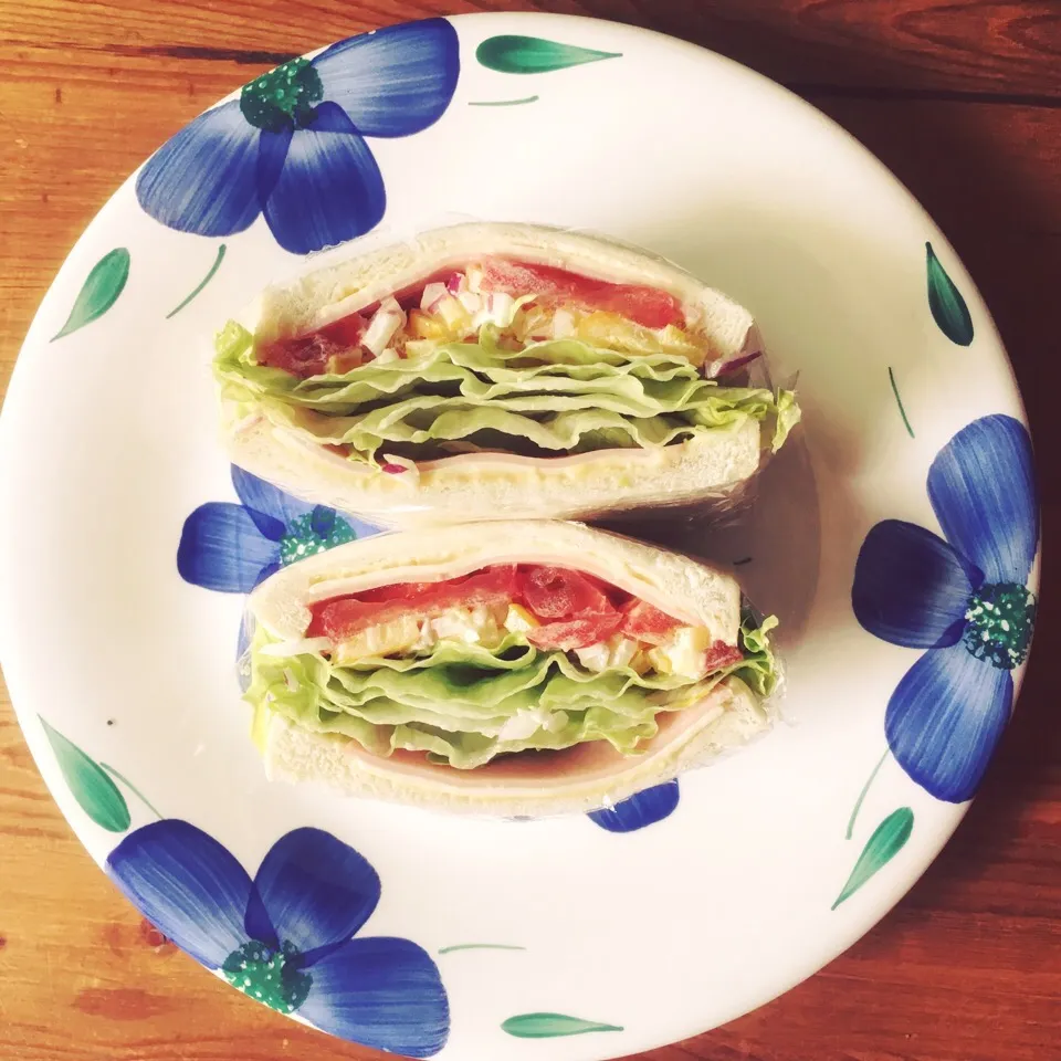 Ham, cheese, tomato, onion, paprika and lettuce sandwich|食いしん坊さん