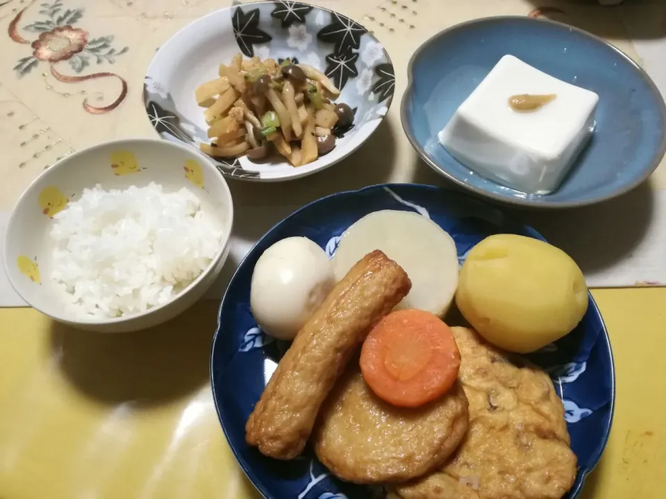 晩ごはん
　おでん🍢
　筍しめじ薄あげ大根葉きんぴら
　冷奴|korinoさん