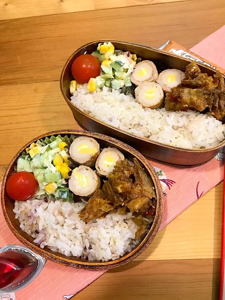 ふたり弁当

雑穀ごはん
サラダ(きゅうり カニかま コーン
ミニトマト
ちーちくの豚肉巻き
ごぼうのピリ辛揚げ|ひななぎさん