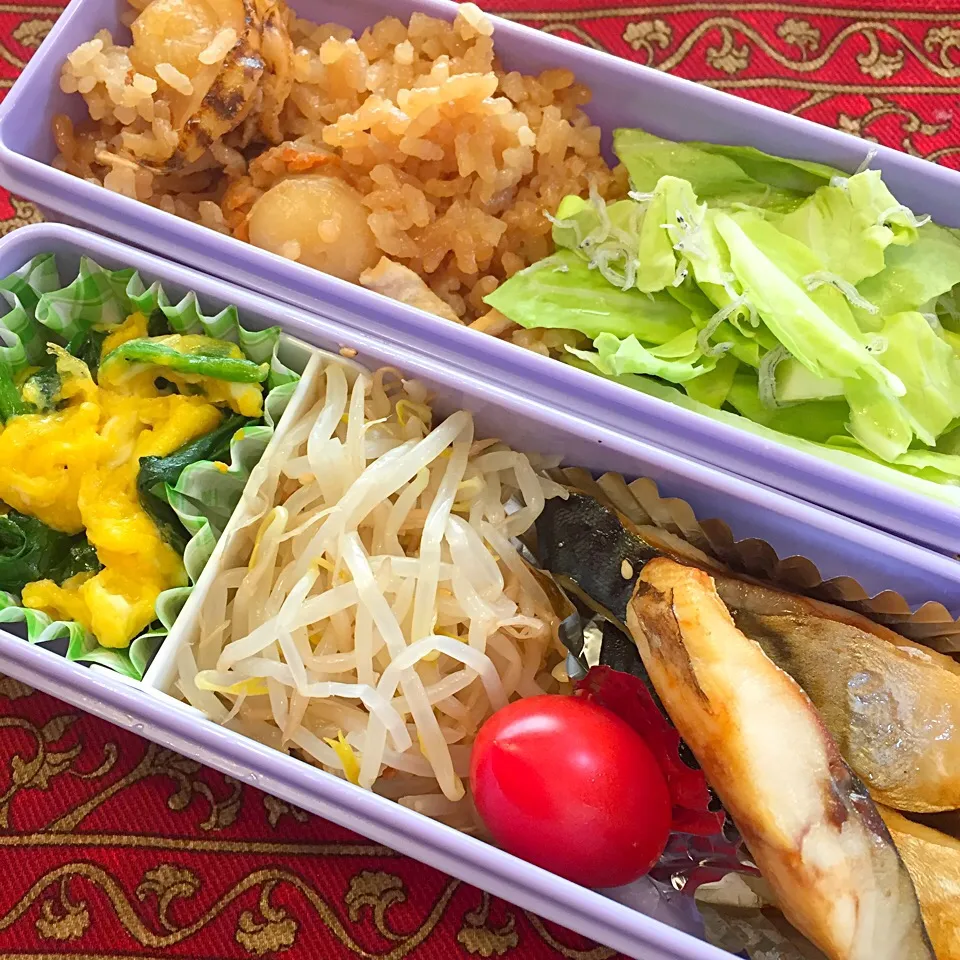 焼き鯖ともやしのナムルとほうれん草の卵とじとホタテご飯弁当|もえさん