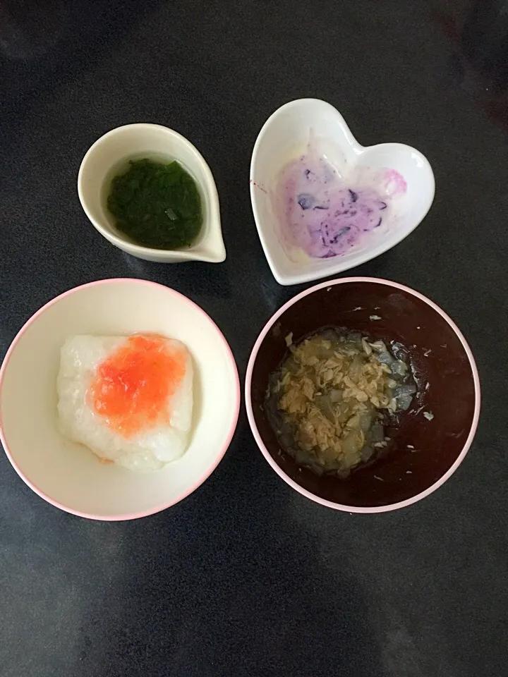 離乳食 朝
・トマト粥
・ぶり大根
・小松菜のお味噌汁
・ブルーベリー豆乳グルト|ぺろたんさん