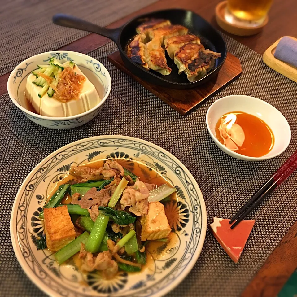 豚こまと厚あげ、小松菜のオイスター炒め
焼き餃子
冷奴／なめたけ・きゅうり|𓇼 Ⓢ Ⓗ Ⓘ Ⓝ Ⓞ Ⓑ Ⓤ 𓇼さん