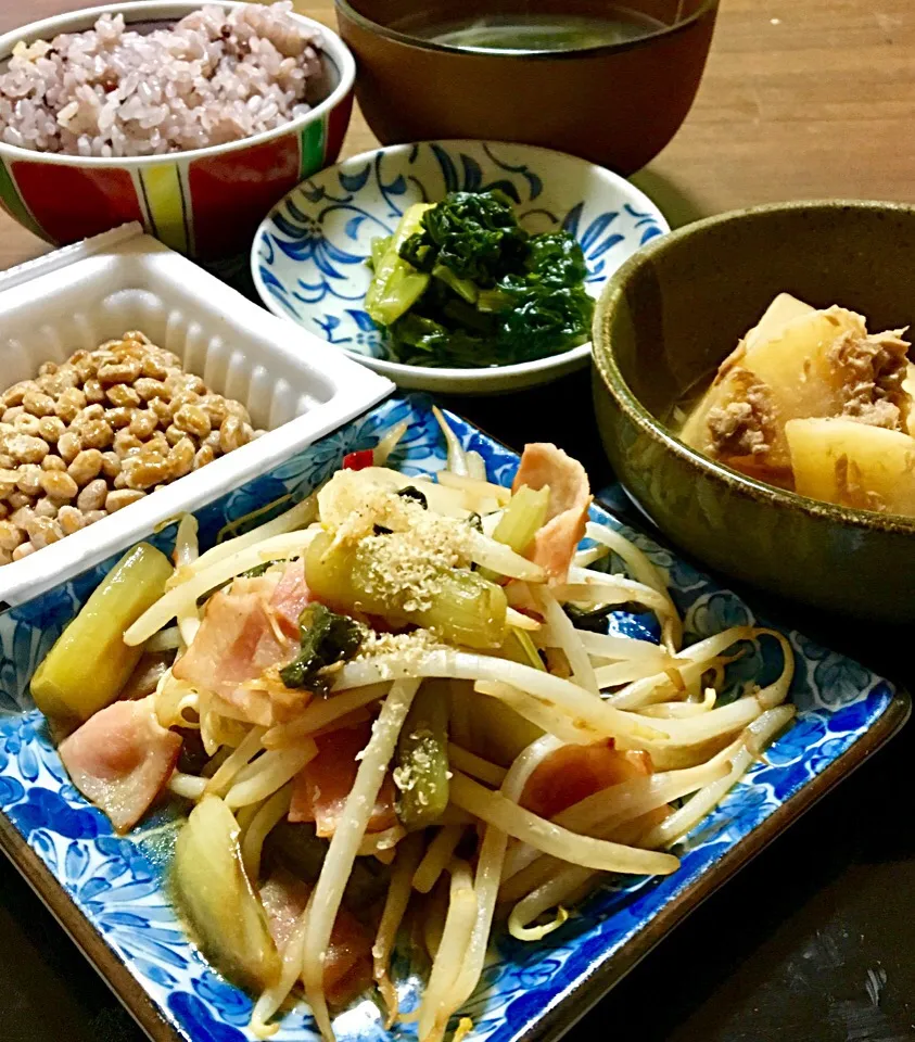 Snapdishの料理写真:単身赴任の晩ごはん🌃🌛
もやし野沢菜ベーコン炒め
大根とツナの煮物
納豆（ワサビ、めんつゆ）
野沢菜漬け
もやし、ワカメ、切り干し大根のスープ
黒米麦ご飯|ぽんたさん