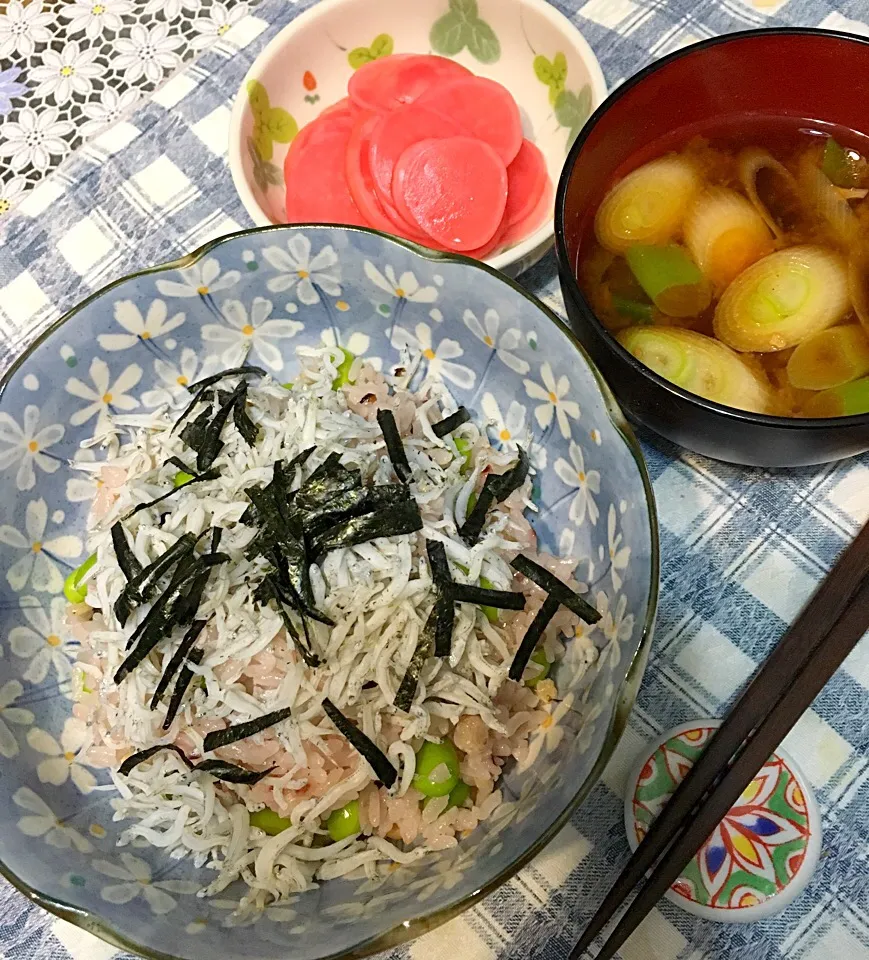 Snapdishの料理写真:しらすご飯、ねぎと干ししめじの味噌汁、ラディッシュの甘酢漬け🎶
#しらす #枝豆 #ラディッシュ#味噌汁|yoshikoさん