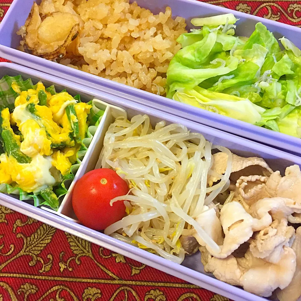 豚しゃぶともやしのナムルとほうれん草の卵とじとホタテご飯弁当|もえさん