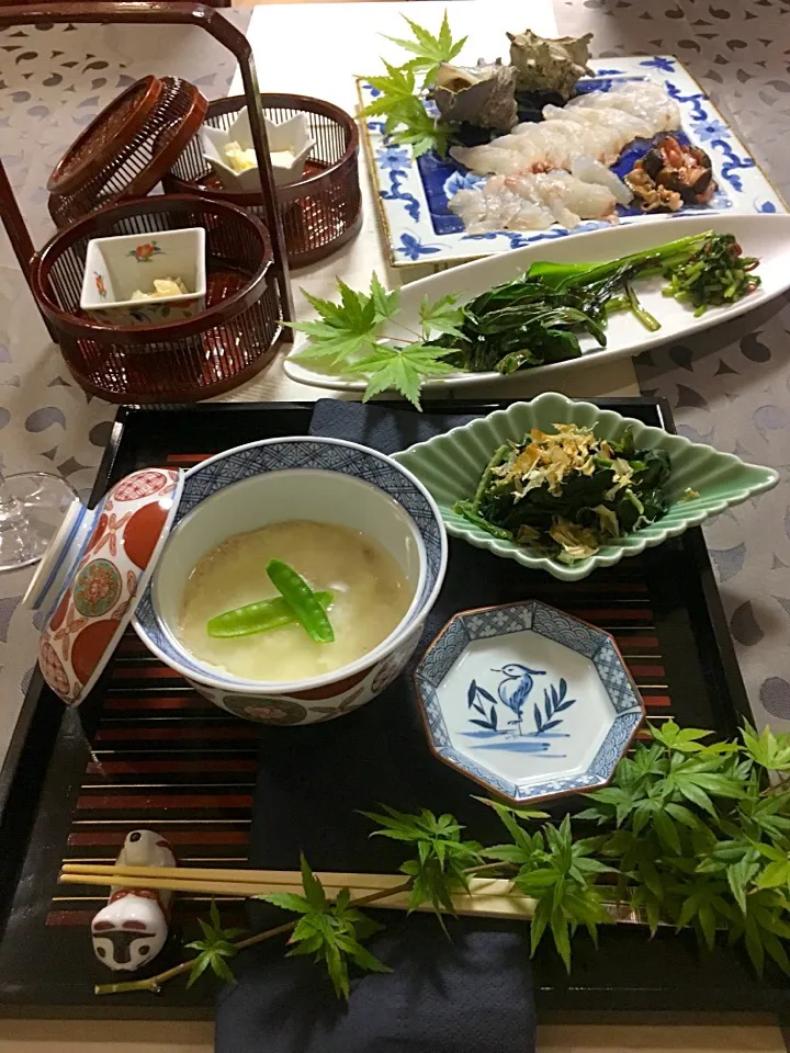 今回は和食！蕪蒸しにほうれん草のお浸しに行者ニンニクのグリル！サザエとヒラメの刺し盛り！|直サーファーさん