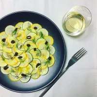 Snapdishの料理写真:Zucchini Carpaccio with Gorgonzola, Pine Nuts, Raisins and Dill / ズッキーニのカルパッチョ