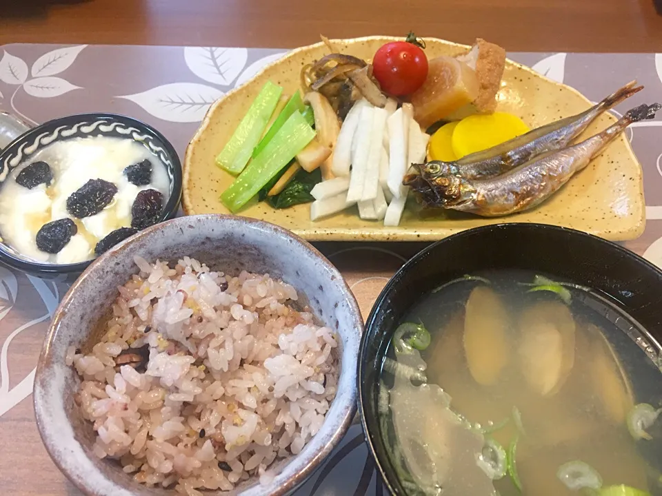 朝ごはん
焼きししゃも、塩大根、きんぴらごぼう、エリンギと小松菜炒め煮、大根と厚揚げの煮物、たくあん、十穀米、あさりの味噌汁、ジャンボレーズン入りヨーグルト|かよちゃんさん