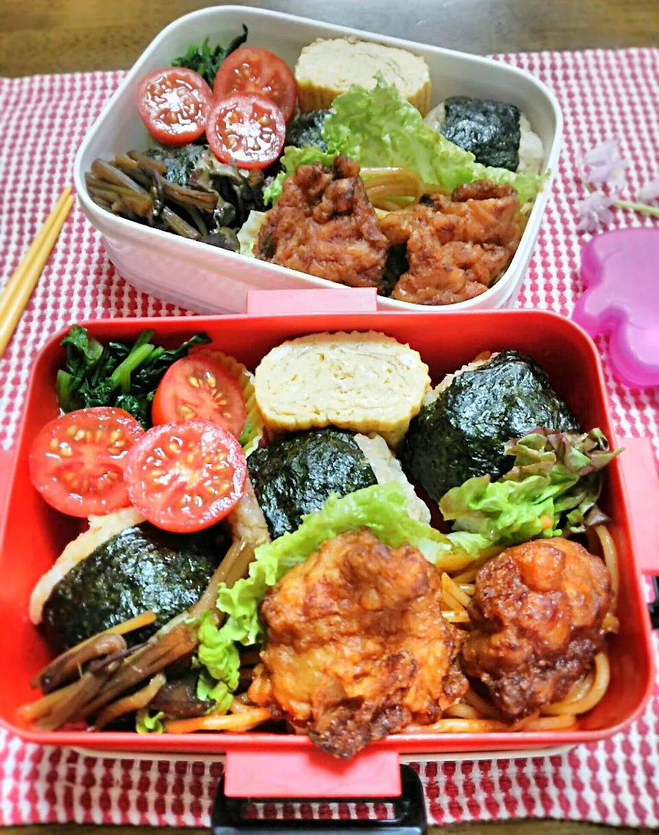 娘、私弁当🍱
   おにぎり唐揚げ
スナックトマト～😊

久々に卵が上手に焼けた☺|miimiさん