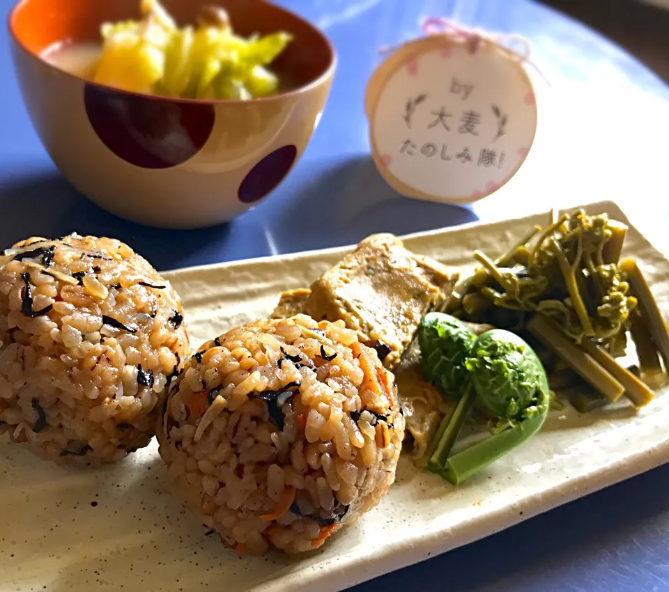 Snapdishの料理写真:朝ごはん  ひじきごはんにぎりと山の恵みの地味滋味プレート|砂雪さん