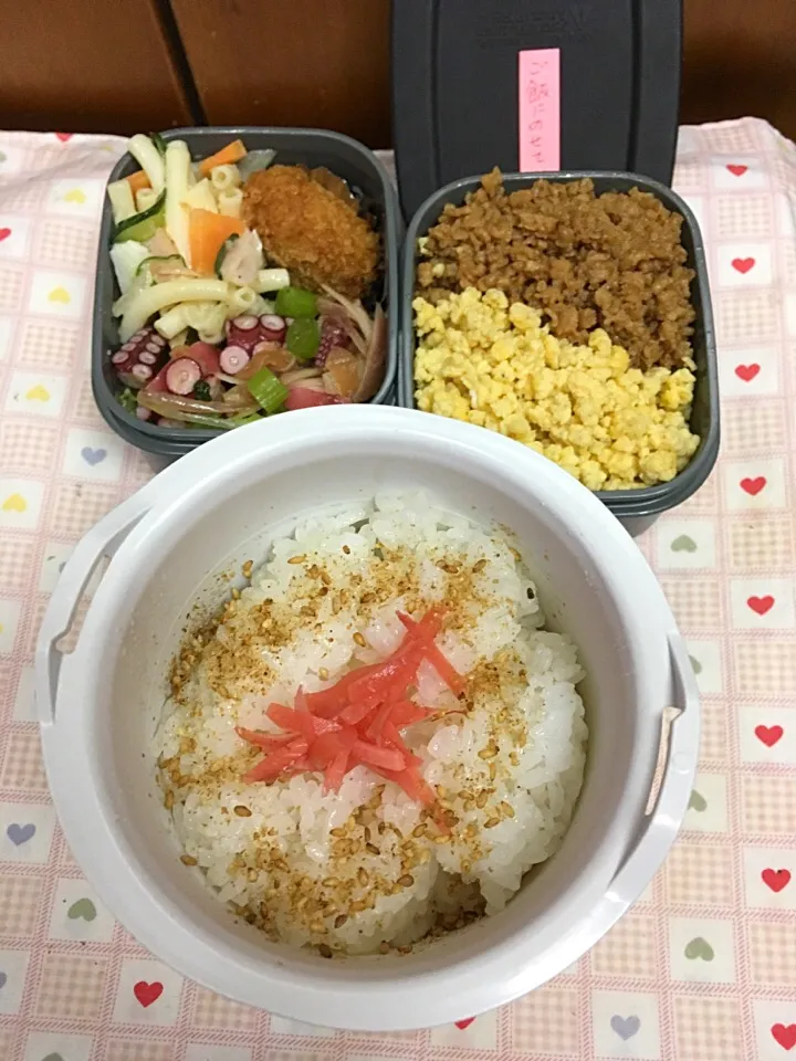 5月10日息子弁当
鶏そぼろ 卵 丼風
タコ梅酢 マカロニサラダ コロッケ|オリーブさん