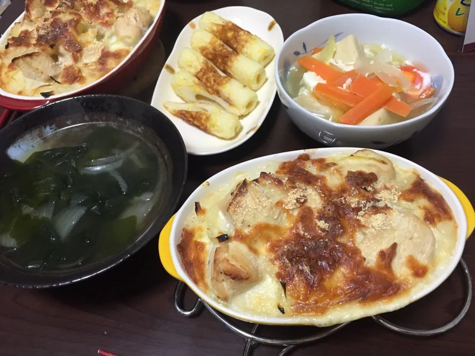 5月10日晩ご飯。チキンドリア、高野豆腐、とうもろこしちくわ、ダシダスープ。|あやさん