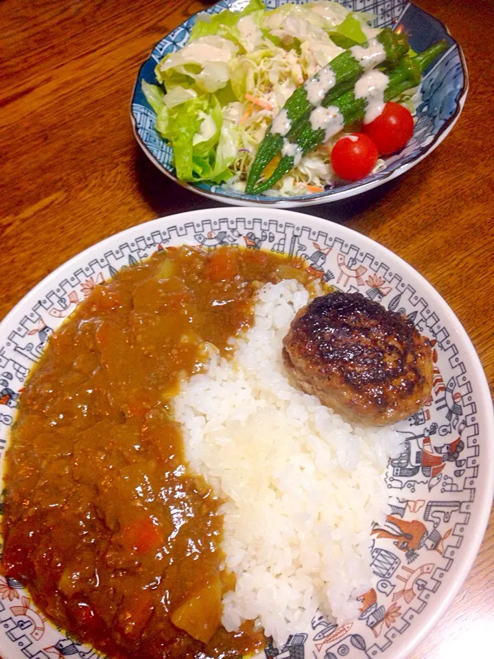 Snapdishの料理写真:キッチンリフォームのため作りおきのトマトカレーwithハンバーグ。サラダ|あやにん食堂さん