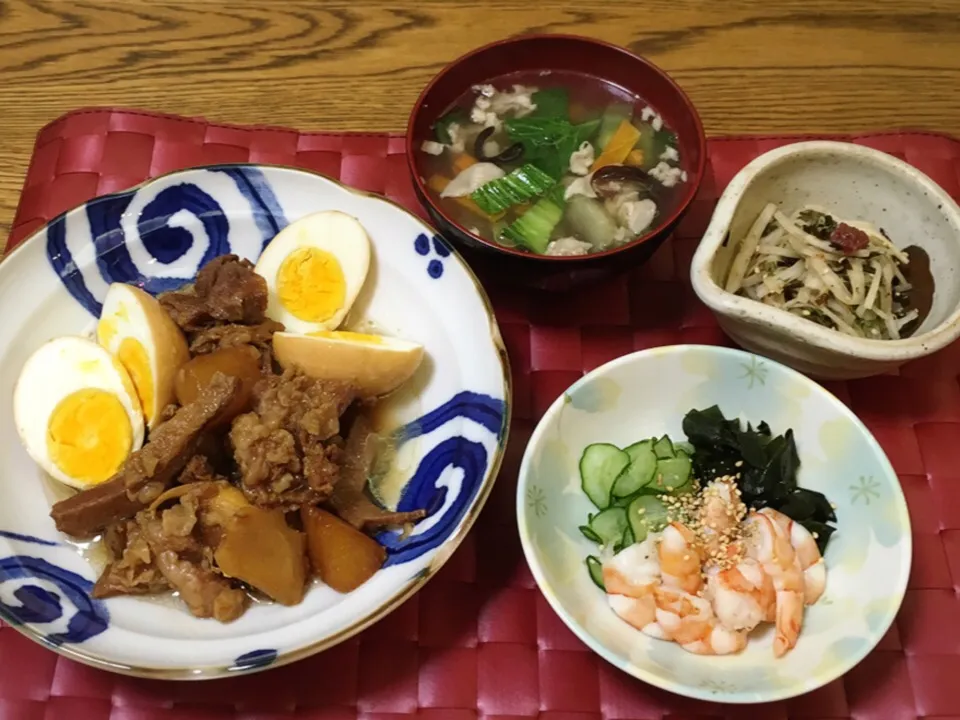 牛すじ味噌煮・具沢山スープ・大根の皮で梅肉和え・酢の物|美也子さん