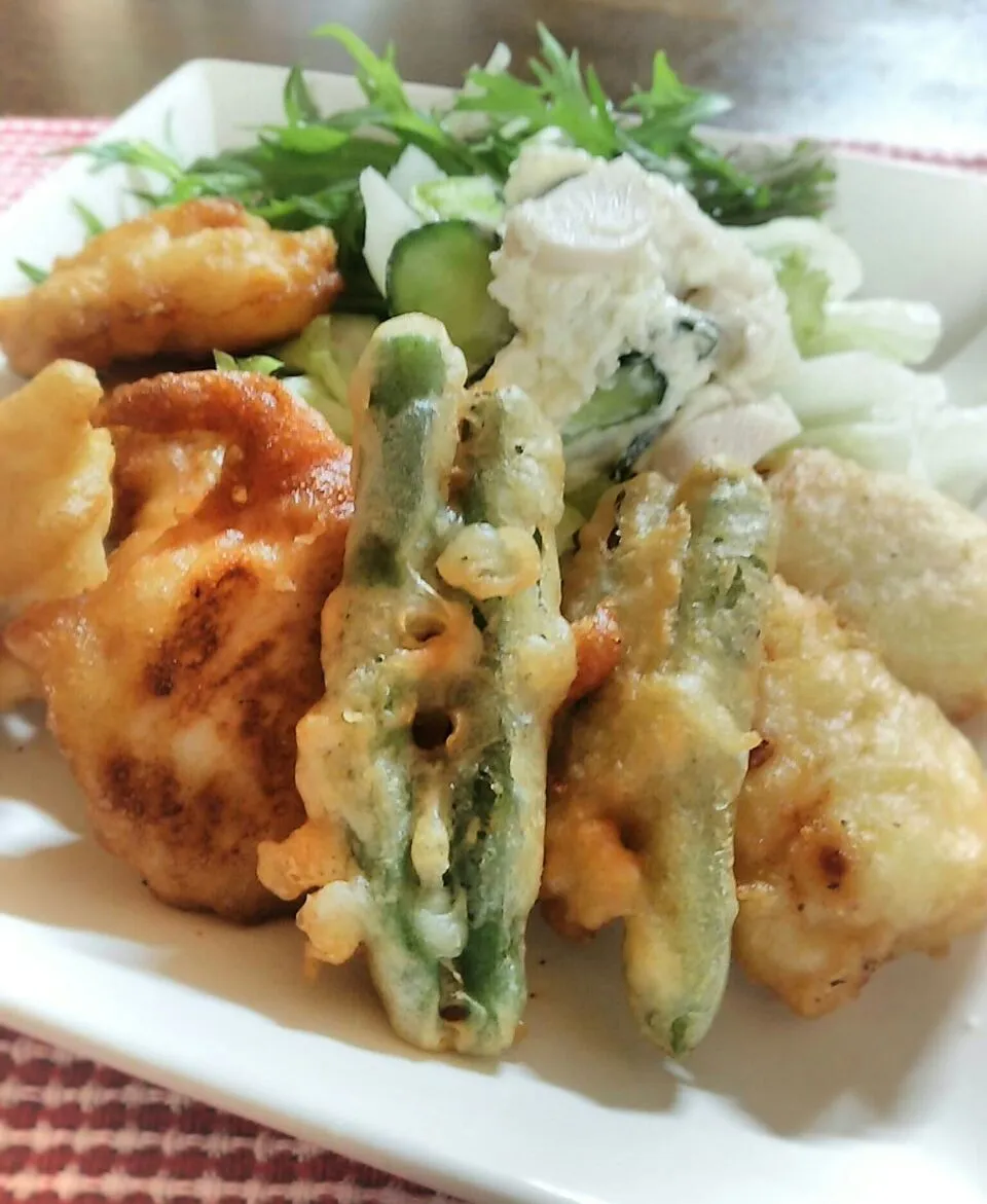 Snapdishの料理写真:鶏むね肉といんげんの
     天ぷら～😊

同量のお好み焼き粉と小麦粉の
生地に鶏肉入れるー揚げるー
サクサクでおいしいですよ～|miimiさん