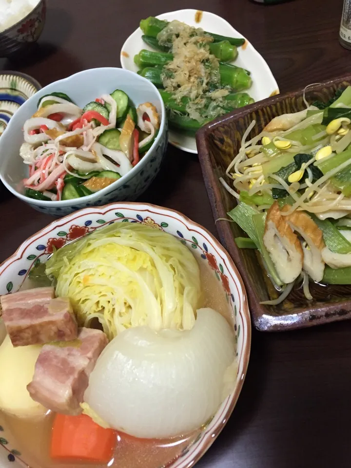 5月11日晩ご飯。ポトフ、酢の物、オクラの出汁とわさび漬け、野菜の煮浸し。|あやさん