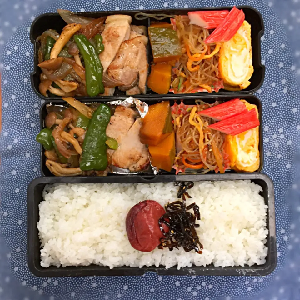 今日のお弁当♡トンテキ＊中華春雨＊玉子焼き＊かぼちゃの煮物＊ピーマンと玉ねぎの炒め物|♡I u♡さん