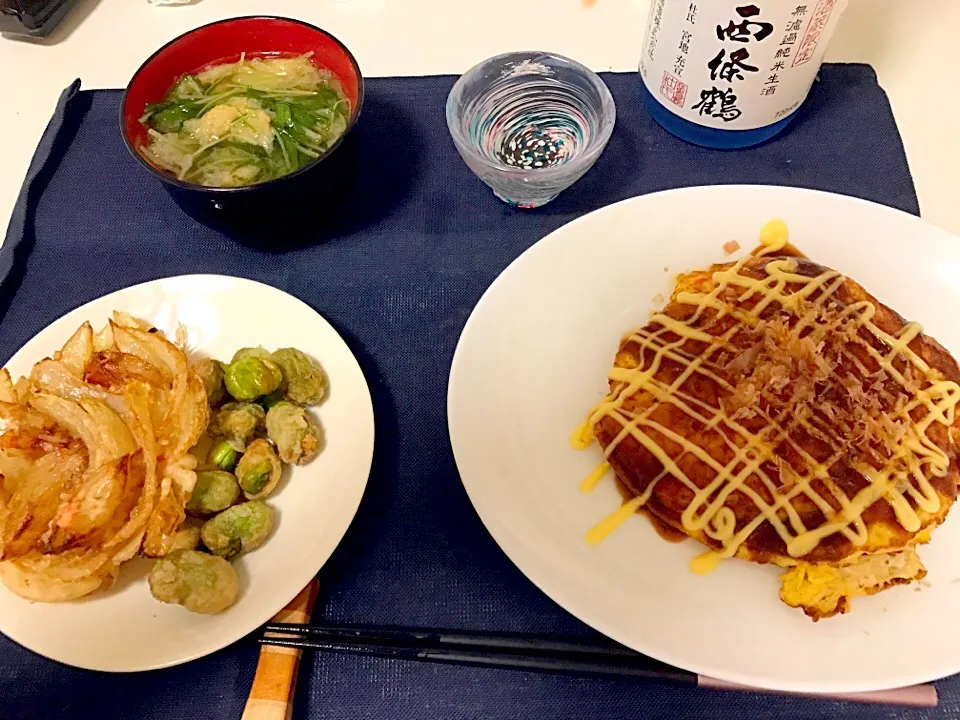 糖質制限＊豆腐お好み焼き、水菜とキャベツと揚げのお汁、かき揚げ、そら豆に天ぷら|Non.さん