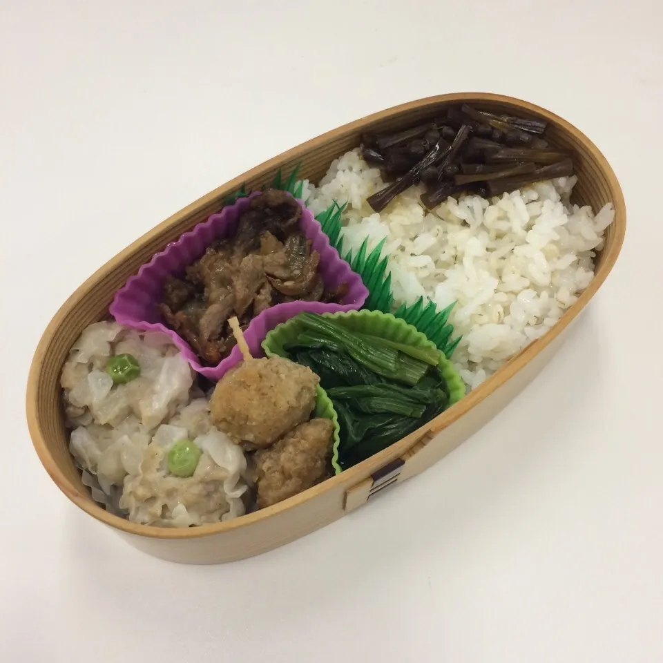 Snapdishの料理写真:弁当（牛肉プルコギ風、シュウマイ、鶏つくね串、ほうれん草お浸し、伽羅蕗佃煮）|SasaMasa213さん