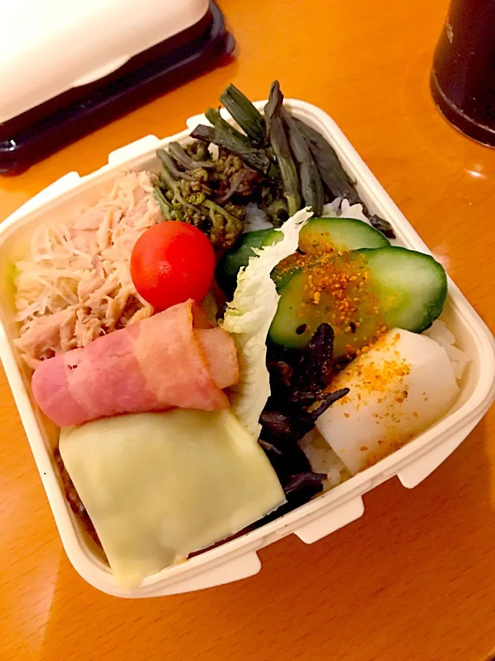 パパお弁当🍱😋  照り焼きチーズハンバーグ  焼きベーコン  大根ツナサラダ  ミニトマト  わらびの醤油漬け  きゅうりと大根の糠漬け|ch＊K*∀o(^^*)♪さん