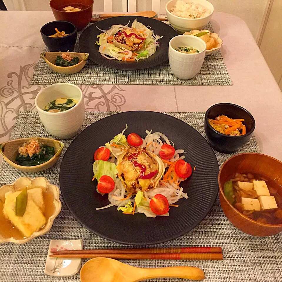 大豆のお肉とナスの味噌だれの新玉肉詰め|まぁちゃんさん