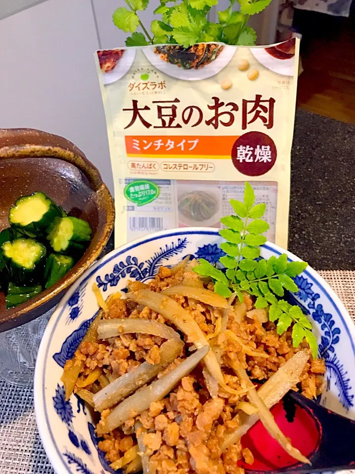 Snapdishの料理写真:大豆のお肉ミンチタイプで作った
ごぼうとの甘辛煮|シュトママさん