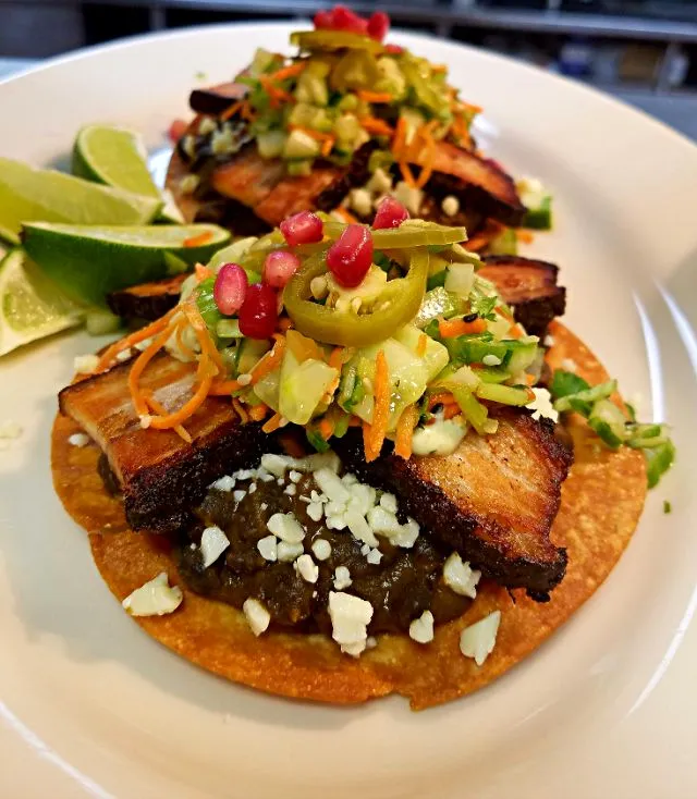 5 spice pork belly tostadas...with sriacha pineapple bbq sauce,cucumber slaw,pickled jalapenos...|chef Charlesさん