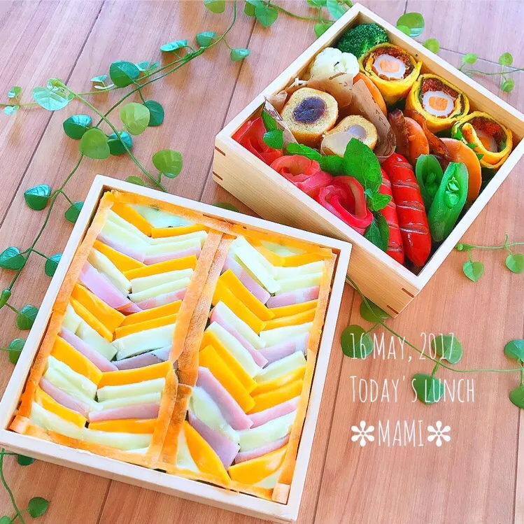 Snapdishの料理写真:2017.5.16㈫♡パエリア御飯チーズのせ弁当
#お弁当 
#おひるごはん 
#チーズ|mamiさん