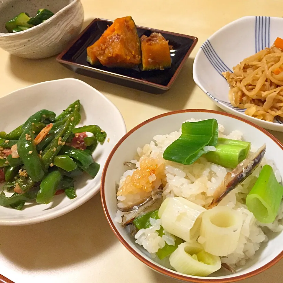 ねぎご飯、ピーマンのきんぴら、切り干し大根の煮物、かぼちゃのおかか煮、きゅうりのピリ辛漬け|めしさん