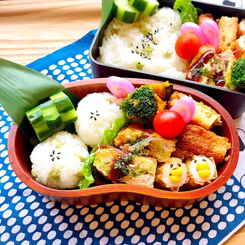 豆ご飯とお好み焼き焼き風卵焼き弁当|mnkさん