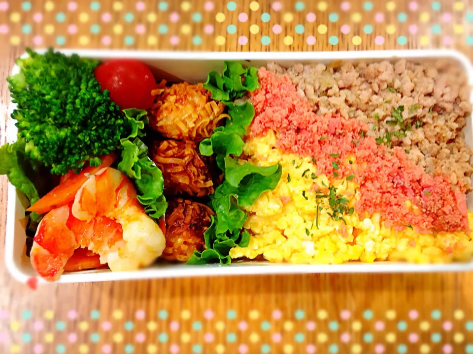 Snapdishの料理写真:Jk娘のお弁当。3色丼、梅の花豆腐シュウマイを揚げて。中間試験頑張れ！|泡子さんさん