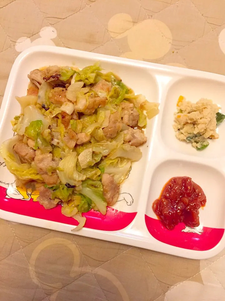 Snapdishの料理写真:鶏肉とキャベツの塩にんにく炒め & おから & チャンジャ|ぺろたんさん